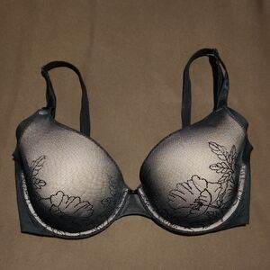 Warner's Black Floral Lace Push-Up Bra with Sheer Overlay